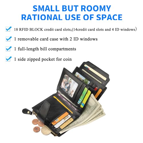 FT FUNTOR Small Wallet for Women Genuine Leather Bifold Compact RFID Blocking Zipper Pocket Ladies Credit Card Slots Purse with ID Window2