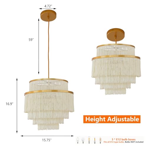 Topaluce 5 Tiers Boho Chandelier With Fringe,Gold 3-Light Fringe Pendant Light Fixture,Tassle Chandelier For Bedroom,Dining Room,Baby Nursery Lighting Beige thumb #2
