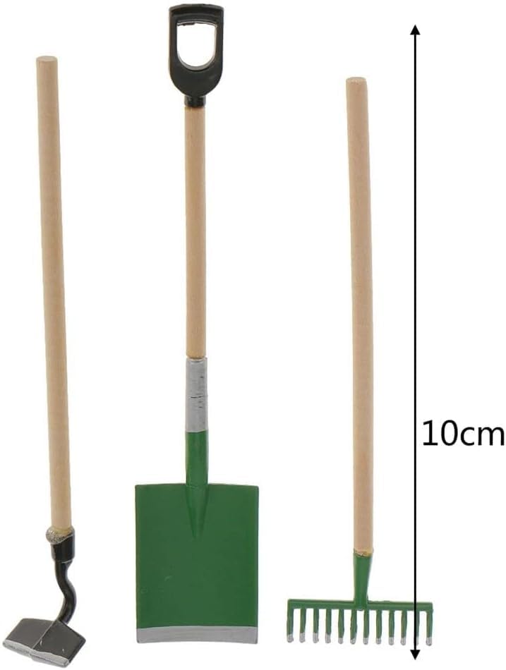 Dollhouse Miniatures Farm Tool Set - 1/12 Scale Mini Shovel, Rake & Accessories For Dollhouse & Diorama Scenes (3 Pieces)