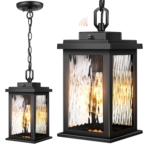 Image of Gleamz Dusk to Dawn Outdoor Pendant Lights for Porch with Water Glass | Black Waterproof Aluminum Hanging Porch Light with Adjustable Chain, Outside Chandelier for Porch, Patio, Driveway, 1 Pack