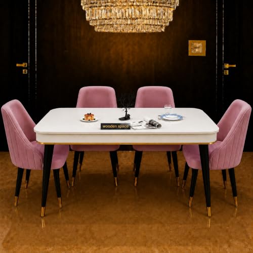 Image of WOODEN SPACE 4 Seater Wooden Dining Table Set | Urban Marble Top Dining Table with Chairs for Dining Room & Kitchen (Modern Infinity Pink) (54 x 36 x 30 inch)