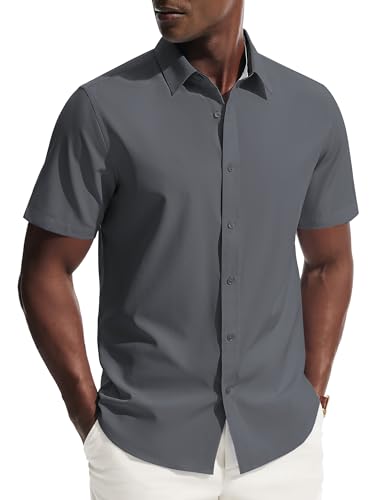 PJ PAUL JONES Mens Dress Shirts Short Sleeve Button Up Shirt Wrinkle Free Business Casual Shirts for Men Summer Work Office Wedding Grey