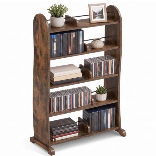 5-Tier DVD Storage Cabinet, DVD Shelf and CD Rack, Brown | Freestanding Media Shelf With Adjustable Dividers For CDs, Blu-Ray, Video Games And Books