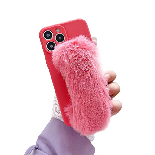 Jorisa Peluche Bracelet Coque pour Samsung Galaxy A22 4G,Mignon Duveteux Lapin Fourrure Dragonne Poignée Support Filles Femmes Étui Hiver Chaud Souple Poilu Doux Silicone Housse,Rouge Cover