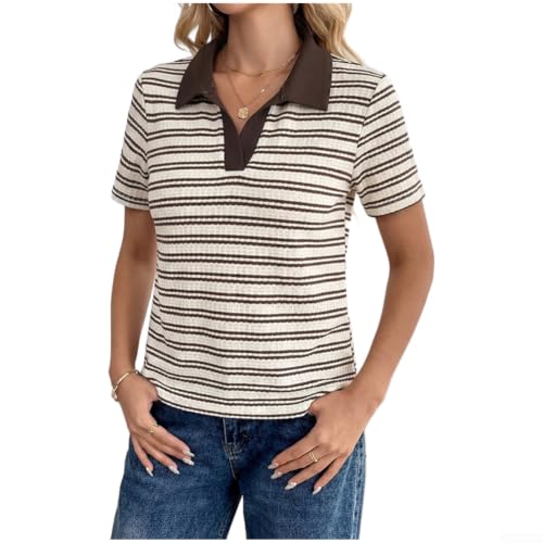 Camiseta de punto gofre a rayas para mujer con cuello en V casual