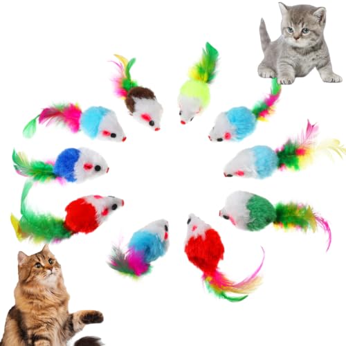 Ajcotahm 6 Pack Cat Mouse Toy Furry Rattle Interactive Mice Toys with Colorful Feather Tails Realistic Faux Fur Mouse Toys for Cats Kittens (6 Colors)