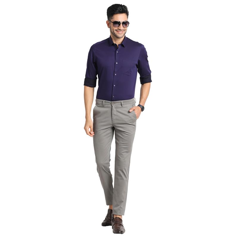 Image of Turtle Men Cotton Stretch Grey Dobby Narrow Fit Flat Front Casual Trouser