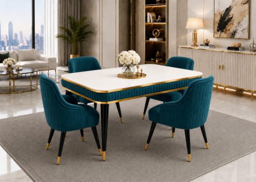Image of WOODEN SPACE 4 Seater Wooden Dining Table Set | Urban Marble Top Dining Table with Chairs for Dining Room & Kitchen (Modern Zyro Sea Blue) (54 x 36 x 30 inch)