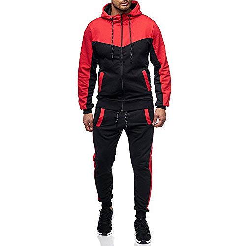 SPE969 Men's Jogger 2 Pc Patchwork Tracksuit,Autumn Winter Packwork Sweatshirt Pants Sets Sports Suit Tracksuit Red