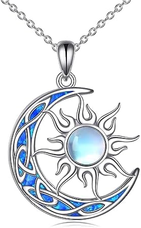 YAFEINI Sun and Moon Necklace for Women 925 Sterling Silver Celtic Crescent Moon Pendant Blue Opal/White Opal/Abelone Shell/Labradorite/Moonstone Jewellery Gift for Teen Girls