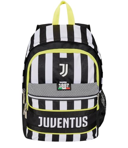 Seven Zaino Scuola Estensibile F.C. JUVENTUS Calcio -WIN IS THE RULE, Bianco Nero - Zaino Doppio Scomparto Sdoppiabile Tramite Zip e Con Tasca Porta Borraccia, Zaino Bambino