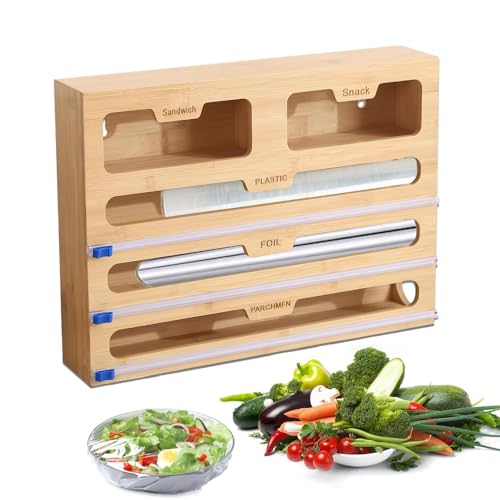 Cerkkapo 5 in1 Folienspender Holzspeicherbox Mit Cutter Folienschneider,Folienspender Mit Cutter,5 Steckplatz Folienspender, Abroller Aufbewahrungskiste Frischhaltefolienschneider für Küchenschublade