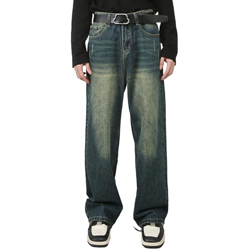 Men's Classic Wide-Leg Baggy Jeans Vintage Relaxed Fit Long Denim Pants Elastic Waist Straight Leg Jean (Large,Retro Bluee4)