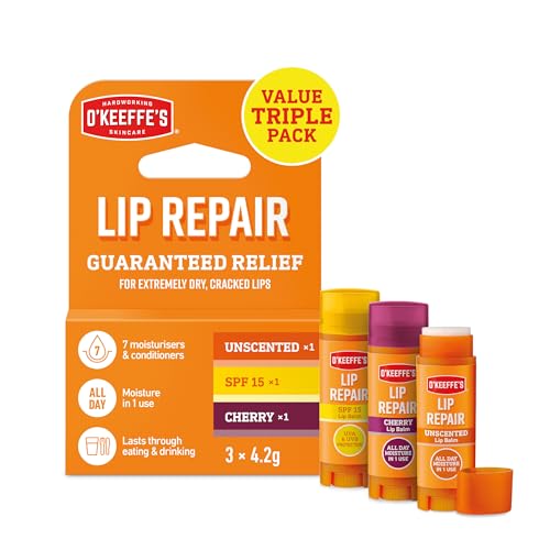 OKeeffes Lip Repair Multipack 3 x 4.2g Contains Unscented SPF and Cherry - For Extremely Dry Cracked Lips | All-Day Moisture with 7 Moisturising Ingredients