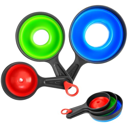 Auktransceler Juego de 3 Embudos Plegables para Cocina - Boca Ancha y Estrecha, Plástico Alimentario Sin BPA - Antigoteo, Compactos (Aceite, Mermelada, Líquidos) - Incluye Gancho, Ahorro de espacio.