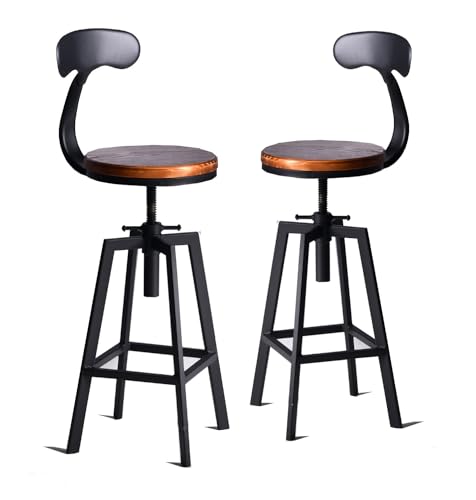 Bokkolik Set Of 2 Industrial Bar Stools With Backrest Swivel Wooden Seat Height Adjustable 25-32Inchkitchen Island Stool Breakfast Dining Chair cover