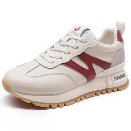 somiliss Sneakers for Women Genuine Leather Suede Patchwork Casual Lace Up Non-Slip Walking Shoes Comfortable Tennis Running Shoes Womens Fashion Sneakers 9 Red