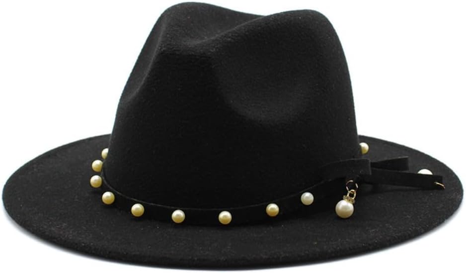 Elegant Pink Wool Fedora Hat with Pearl-Studded Black Band, Classic Wide Brim, Western Style
