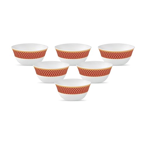 La Opala Diva Sovrana Collection Opal Glass Crockery | Vegetable Bowl 180 ml Set of 6 Regent Red | Bowls for dal & Condiments | Microwave Safe | 100% Vegetarian | Extra Strong | Super Light & White