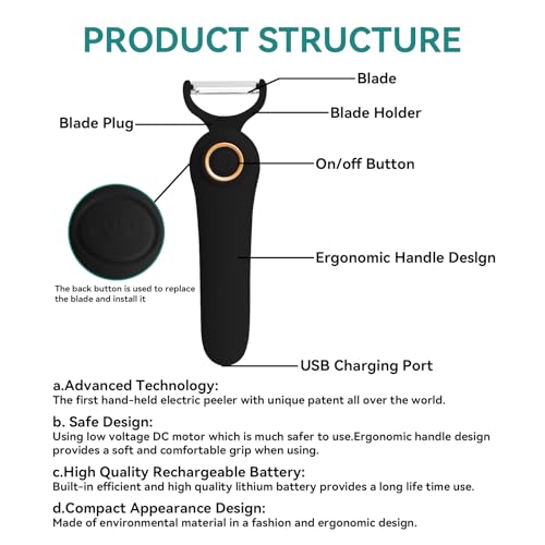Image of 3-in-1 Electric Peeler | Auto Blade for Fruits /Vegetables | 3 Interchangeable Blades | Type-C Charging,Battery Capacity 1500 mAh | Kitchen, Travel, Camping Black