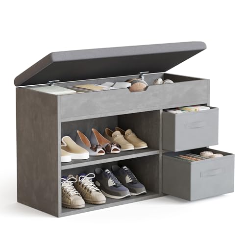 Mondeer Banc à Chaussures, Banc de Rangement avec 2 tiroirs en Tissu et 3 Compartiments, pour Entrée Salon Chambre, 80 x 48 x 30 cm, Gris