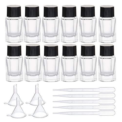 BENECREAT 12 Pack 15ml Bottiglia di Inchiostro Vuota Bottiglia di Vetro con Tappo di Spugna Contenente Tappo Nero a Tenuta Stagna, 6 PCS Contagocce e 4 PCS Imbuti per Ufficio e Scuola