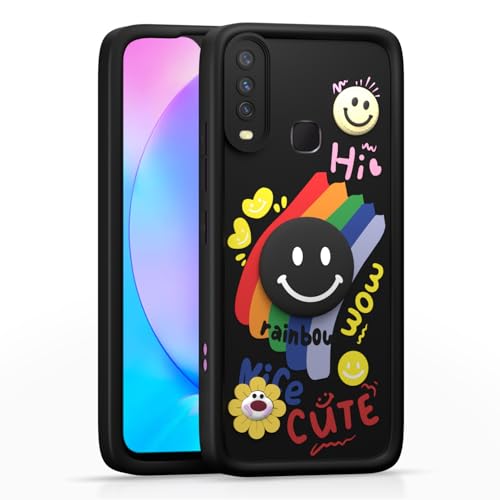 Image of Pikkme Back Cover for Vivo Y12 / Y15 / Y17 / U10 | Soft Silicone| Cute Rainbow Smile & 3D Cartoon Flower Design | Shockproof Raised Camera Protection Bumper Case (Black)
