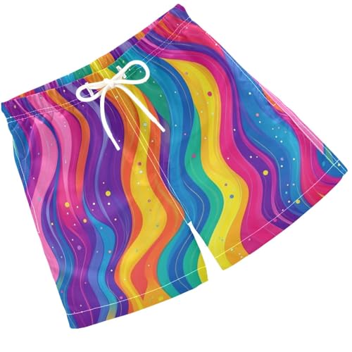 Pigsaly Boys' Swim Board Shorts Abstract Rainbow Wavy Boy's Swim Trunks Kids Swimwear XS