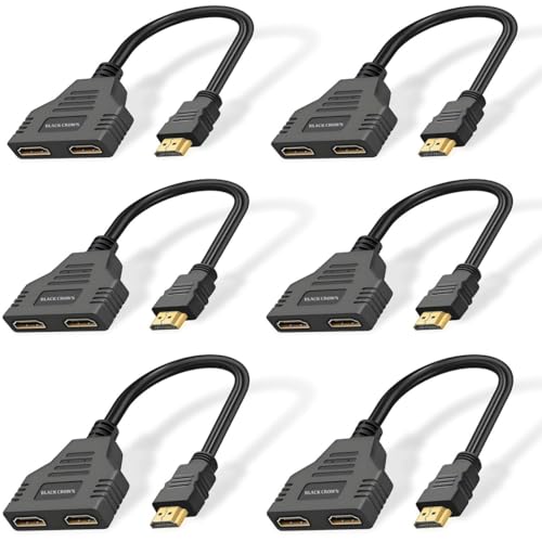 Image of BLACK CROWN HDMI Cable Splitter, HDMI 1x2 Splitter Cable, HDMI Cable Splitter 1 in 2 Out HDMI Splitter Adapter, HDMI Male to Dual HDMI Female 1 to 2 Way for HDMI HD, LED, LCD, TV. Black (Pack of 6)