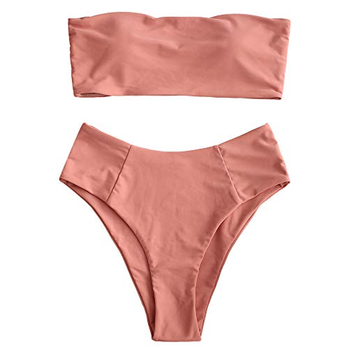 ZAFUL Women's High Cut Bandeau Bikini Set Strapless Solid Color 2 Pieces Bathing