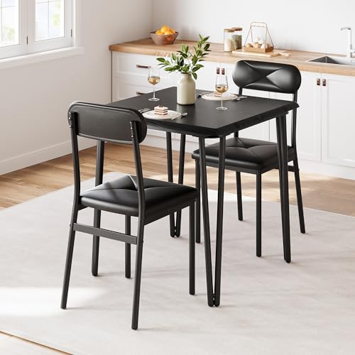 Garvee Dining Table Set for 2 with Storage Square Kitchen Table and 2 Upholstered Chairs Metal Frame Compact Space Saving Apartment Dinette Set 29.1 * 29.1 * 30Inch