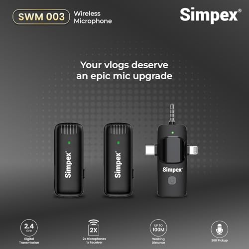 Image of Simpex (SWM-003 Wireless Microphone & amp; Receiver, 2X Mic System, 2.4GHz Frequency, 4Hr Battery, 20m Range, for All Smartphones, Ideal for Voice Recording, & Live Streaming.