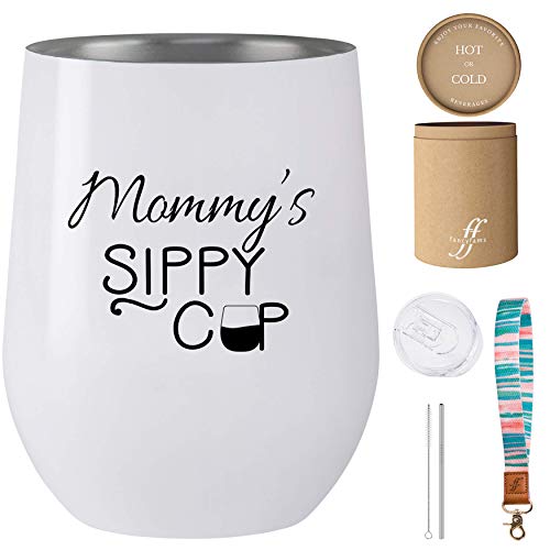 Buy 1 get 1 Mommy's Sippy Cup Wine Tumbler – Fancyfams, 12 oz Stainless Steel Stemless Wine Glass Tumbler with Lid and Straw - Birthday, Mother's Day, Christmas, Valentine's Day Gift for Mom (White)