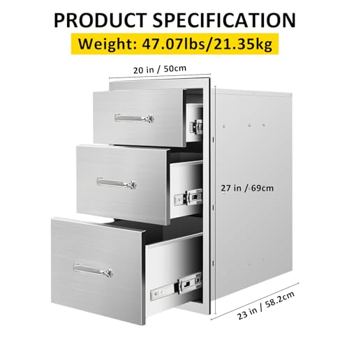 Image of Outdoor Kitchen Drawers 20 inch W x 27 inch H x 23 inch D Flush Mount Triple BBQ Drawers with Chrome Handle Stainless Steel Drawer for Outdoor Kitchen Island, Patio Grill Station