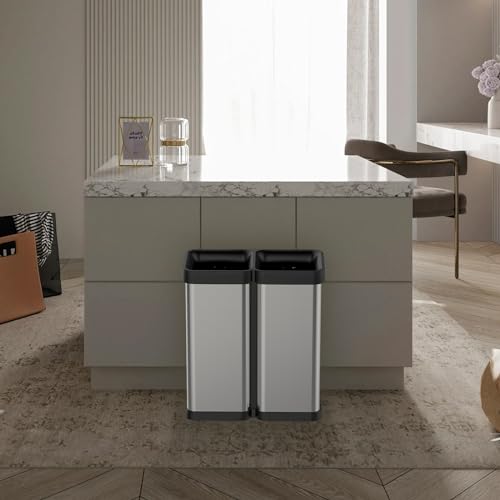 Image of Fashionwu 60L /16 Gallon Kitchen Trash Can, Double Compartment Open Top Lidless Trash Can, Stainless Steel Trash Can and Recycling Bin, Suitable for Kitchen, Office, Dining Room, Living Room