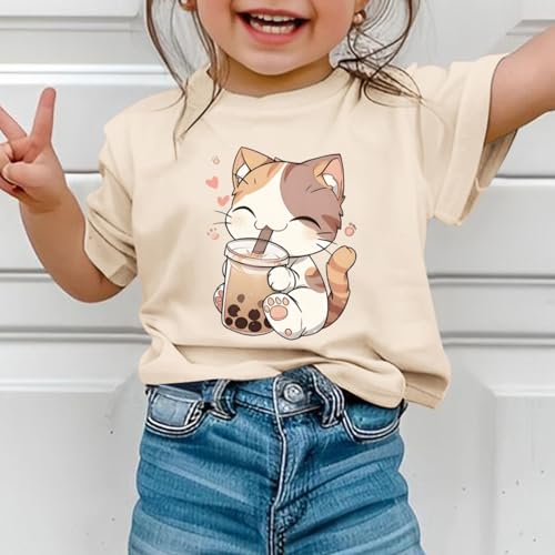Image of KEEVICI Cute Cat Shirts for Girls Graphic Tees Bubble Tea Tshirt Kids Kawaii Cartoon Animal Print T Shirt Summer Cotton Tops
