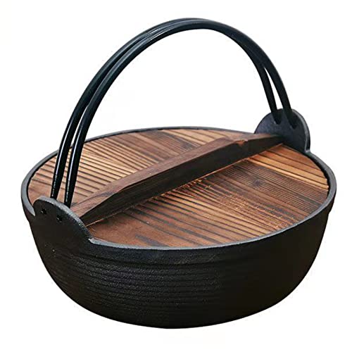 QUSYZD Olla Caliente de Hierro Fundido para sukiyaki, Estilo japonés, con Tapa de Madera y un Solo Mango para sukiyaki, Fideos, Ramen, sopas y guisos.,