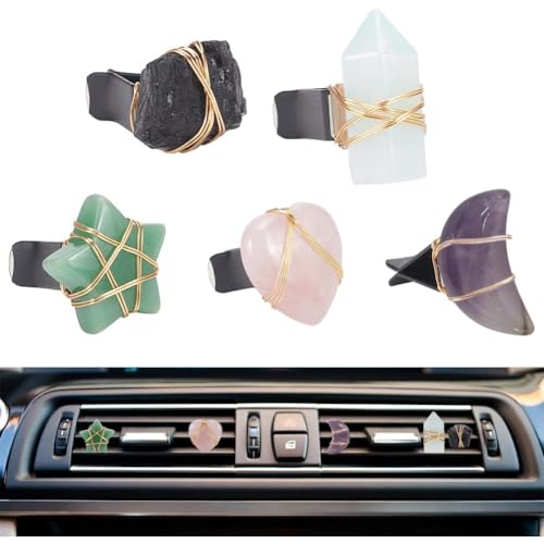 OLYCRAFT 5Pcs Star Heart Gemstone Car Vent Clips Natural Stone Car Air Vent Clip Quartz Crystals Cars Vents Clips Moon Stones Car-Accessories with Copper Wire for Cars Air Vents Accessory - 5 Style