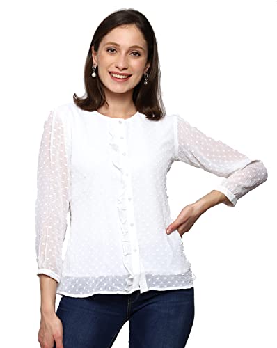 Image of PRETTIFY Women's Regular Fit Solid Embroidery Georgette Waist Length, 3 /4 Sheer Sleeve, Round Neck Casual Wear Western Shirt Top for College /Office Girls