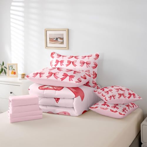 Image of Red Bow Tie Queen Comforter Set with Sheets | Princess Bow 7-Piece Bedding Set Cute Ribbon Bowknot Bed in a Bag, Dreamy Geometric Bowknot Bed Sets,Kawaii Room Decor Aesthetic