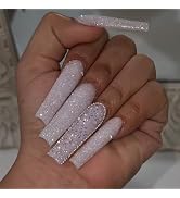 Square long press on nails，Shiny rhinestone coffin press on nails，White long press on nails，Full ...