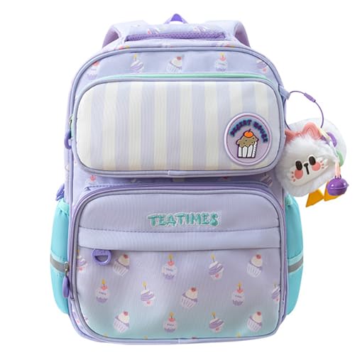 Kids School Backpack For Age 4-7 Girls Waterproof Oxford Bookbag with Chest Buckle & Plush Charm - Pink Cute Cupcake Design