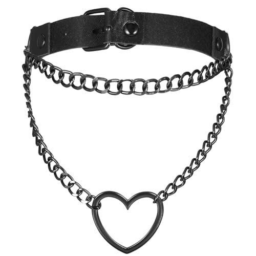 Heclia PU Leder Punk Choker Halsketten Black Choker Necklace Women's Gothic Necklace Chokers Herz Charm verstellbare Kragen Halskette Heart Slip Collar Chain For Halloween Christmas Accessories