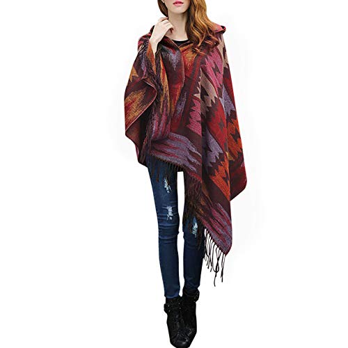 Domary Capa feminina de outono vintage com capuz geométrica com borla de fivela poncho boêmio casual