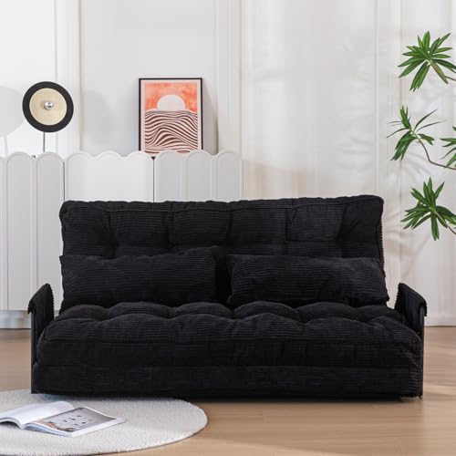 MAXYOYO Adjustable Floor Sofa Couch with 2 Pillows, Multi-Functional Bean Bag Bed, 5-Position Foldable Lazy Sofa Sleeper Bed with Armrest Versatile Floor Seating Sofa for Reading Gaming, Black, Double