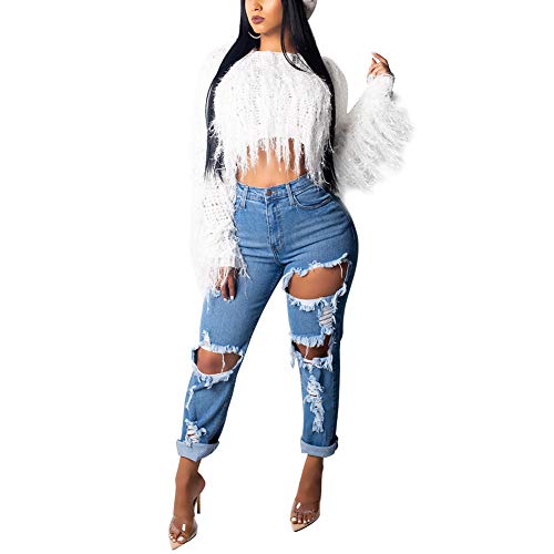 Womens Casual Loose Pullover Sweaters Warm Winter Tassel Top Oversized Outwear White