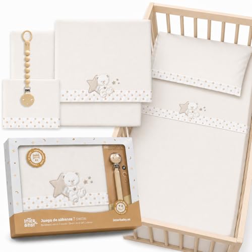 Juego 3 Sabanas Cuna 60x120 100% Algodon con Sabana Bajera Ajustable + Encimera y Funda Almohada Lavables Suaves Transpirables Pack para Descanso de Bebes y Recien Nacidos con Chupetero de Regalo