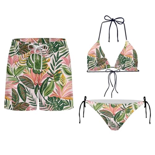 Howilath Hawaiian Palm Leaves Couples Swimwear for Beach & Pool Lightweight Men's Swim Trunks with Pockets & Adjustable Bikini Sets Women, XL
