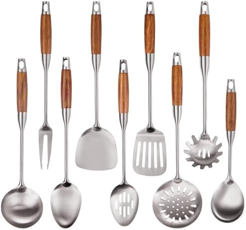 9 PCS 304 Stainless Steel Kitchen Cooking Utensils set with Wooden Handle, Metal Kitchen Utensils Set, Heat Resistant Wooden Handle Kitchen Tools, Stainless Steel Wok Spatula