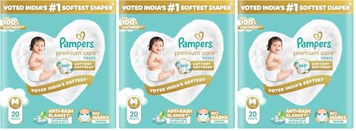 Image of Pampers Premium Care Pant Style Baby Diapers, Medium (M), 20 Count, 7-12kg, All-in-1 with 360 Cottony Softness Diapers (Pack of 3)